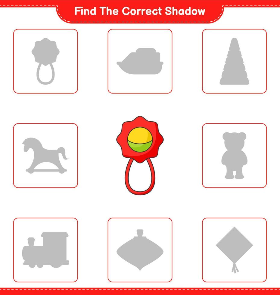 Find the correct shadow. Find and match the correct shadow of Baby Rattle. Educational children game, printable worksheet, vector illustration