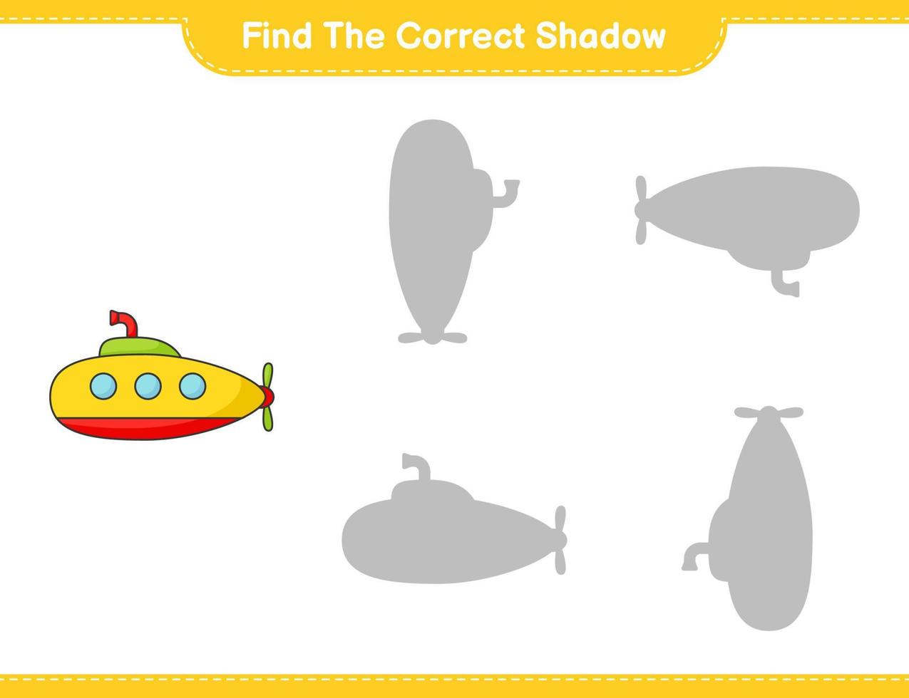 encontrar la sombra correcta. encuentra y combina la sombra correcta del submarino. juego educativo para niños, hoja de cálculo imprimible, ilustración vectorial vector