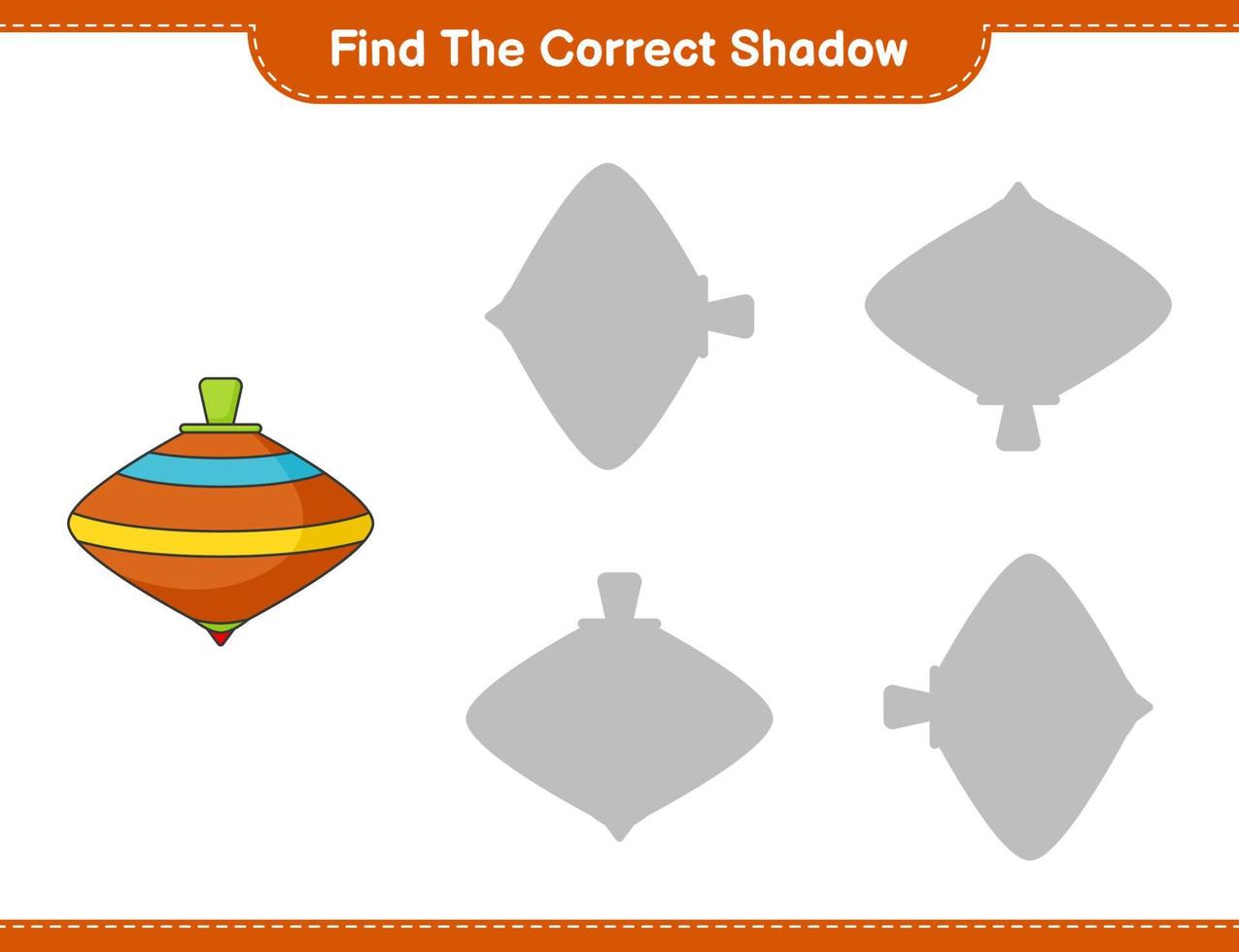 encontrar la sombra correcta. encuentra y combina la sombra correcta del juguete de perinola. juego educativo para niños, hoja de cálculo imprimible, ilustración vectorial vector