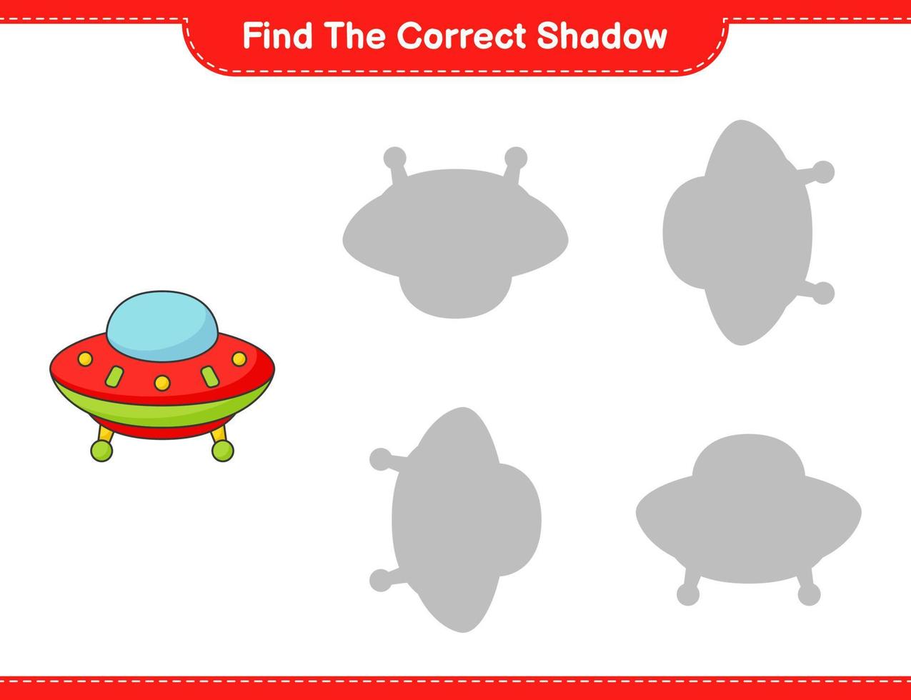 Find the correct shadow. Find and match the correct shadow of Ufo. Educational children game, printable worksheet, vector illustration