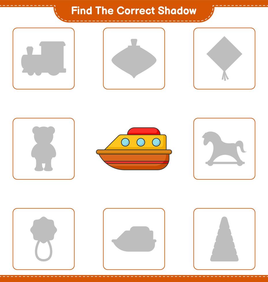 encontrar la sombra correcta. encuentra y combina la sombra correcta del barco. juego educativo para niños, hoja de cálculo imprimible, ilustración vectorial vector