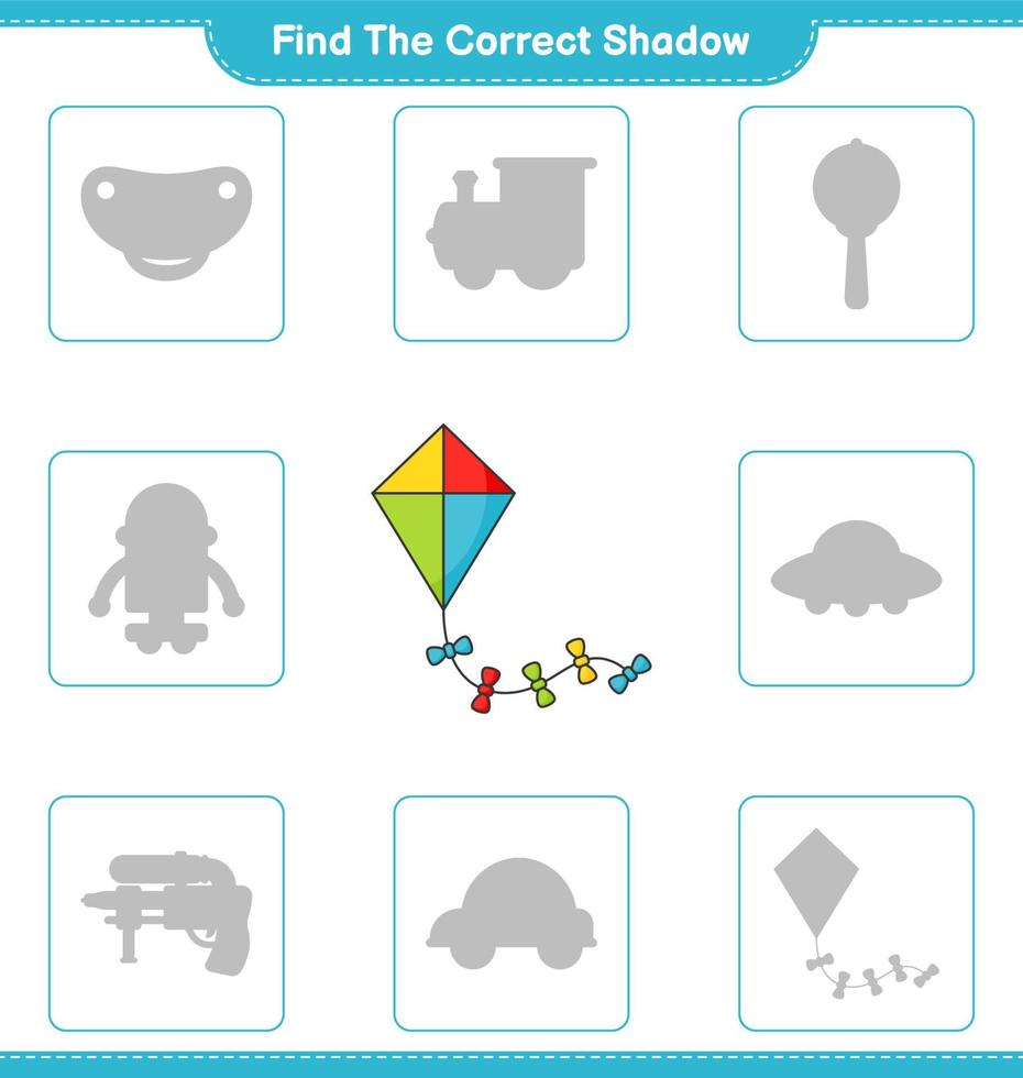 Find the correct shadow. Find and match the correct shadow of Kite. Educational children game, printable worksheet, vector illustration