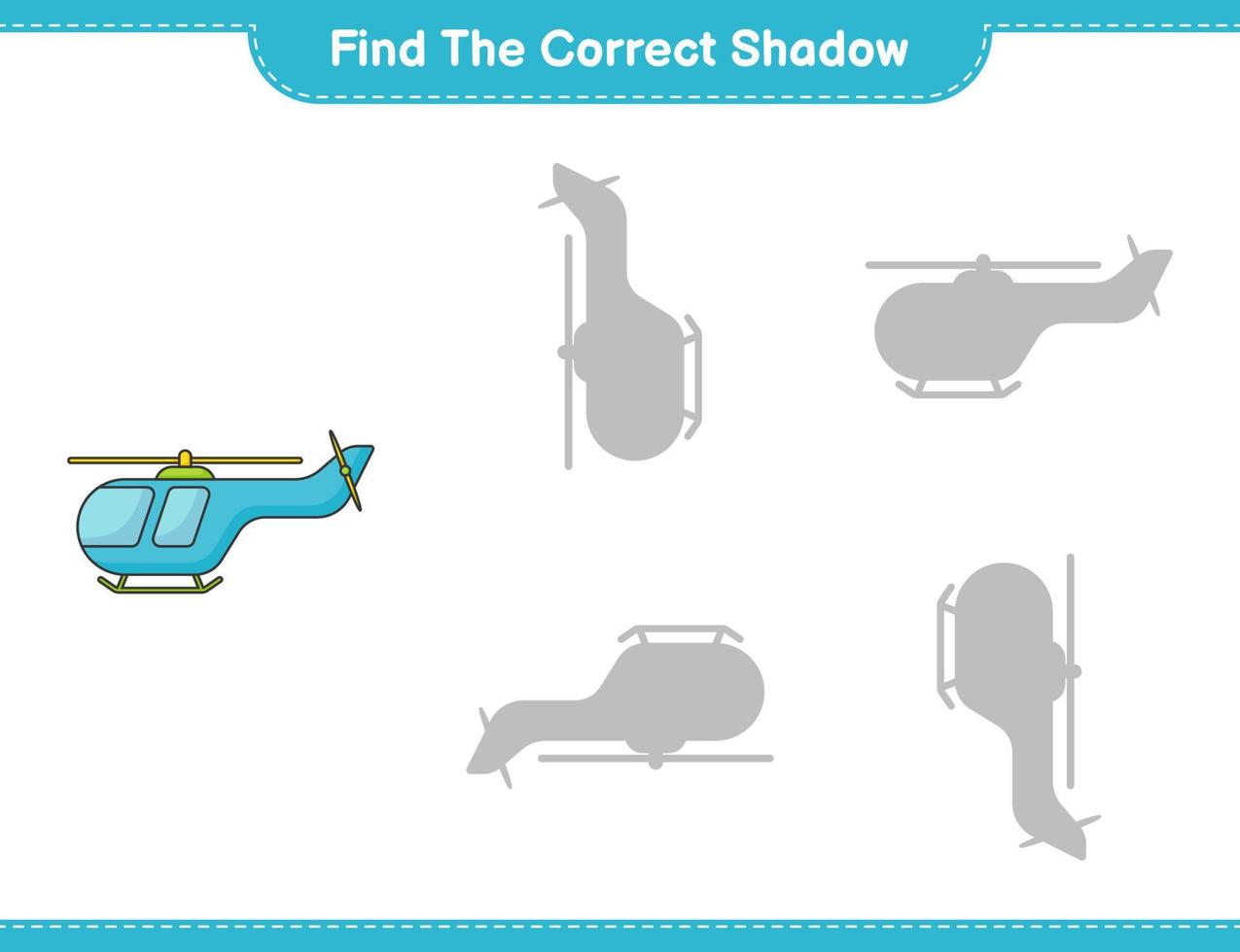 encontrar la sombra correcta. encuentra y combina la sombra correcta del helicóptero. juego educativo para niños, hoja de cálculo imprimible, ilustración vectorial vector