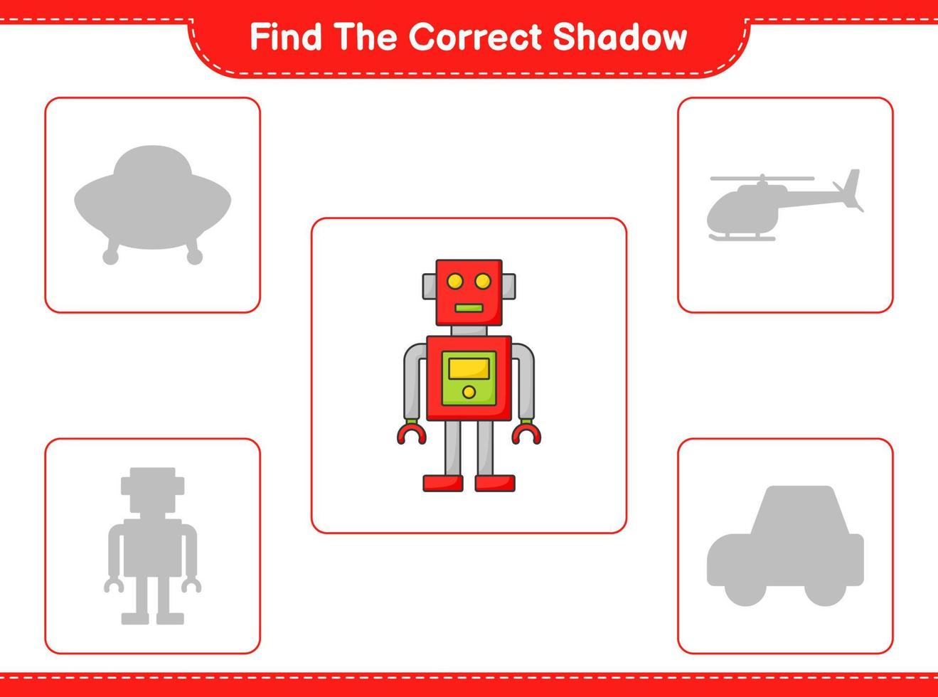 Find the correct shadow. Find and match the correct shadow of Robot Character. Educational children game, printable worksheet, vector illustration