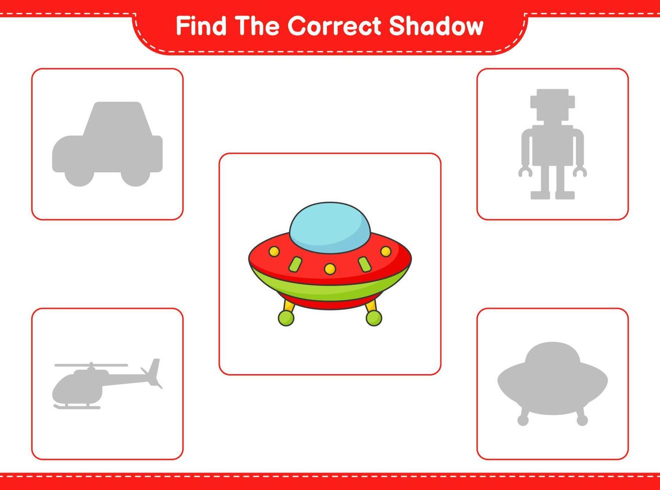 encontrar la sombra correcta. encuentra y combina la sombra correcta del ovni. juego educativo para niños, hoja de cálculo imprimible, ilustración vectorial vector