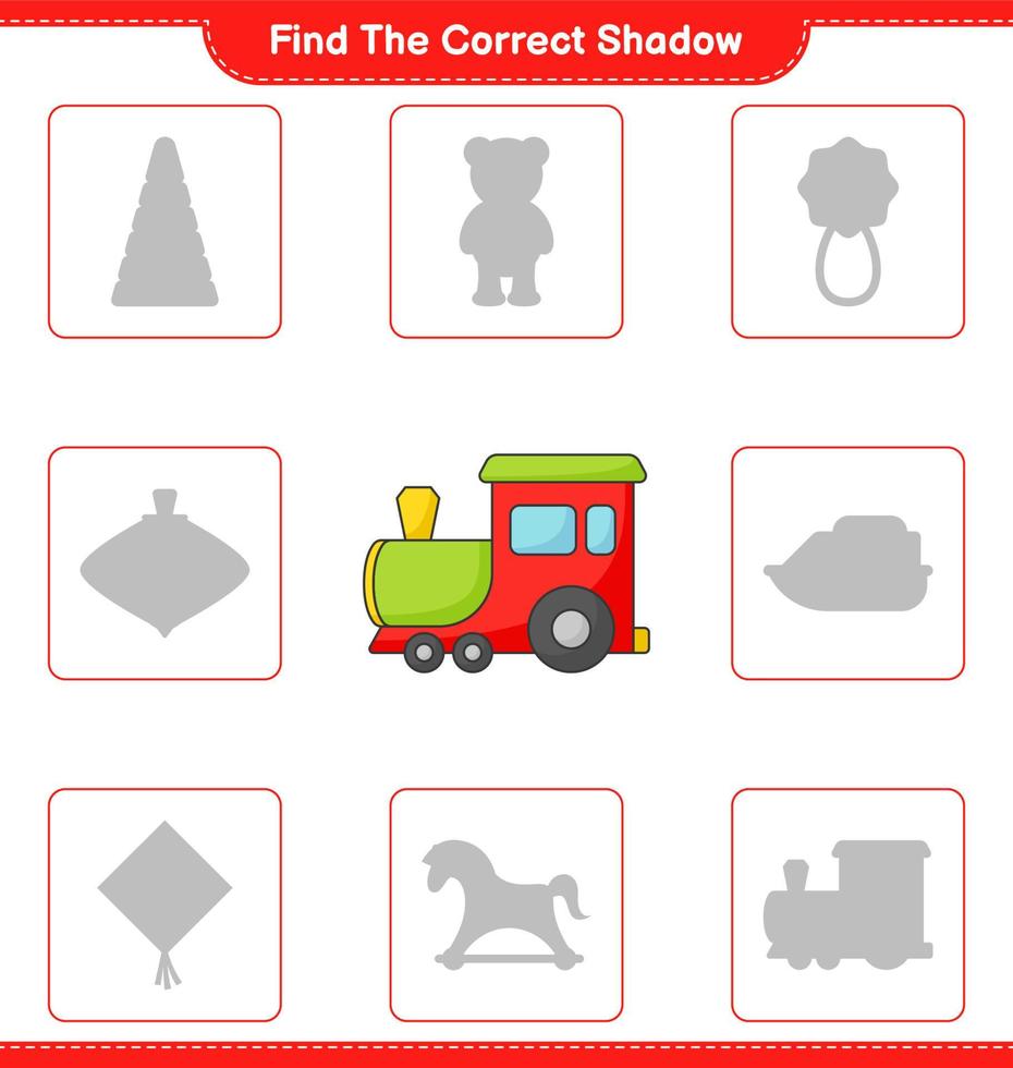 encontrar la sombra correcta. encuentra y combina la sombra correcta del tren. juego educativo para niños, hoja de cálculo imprimible, ilustración vectorial vector