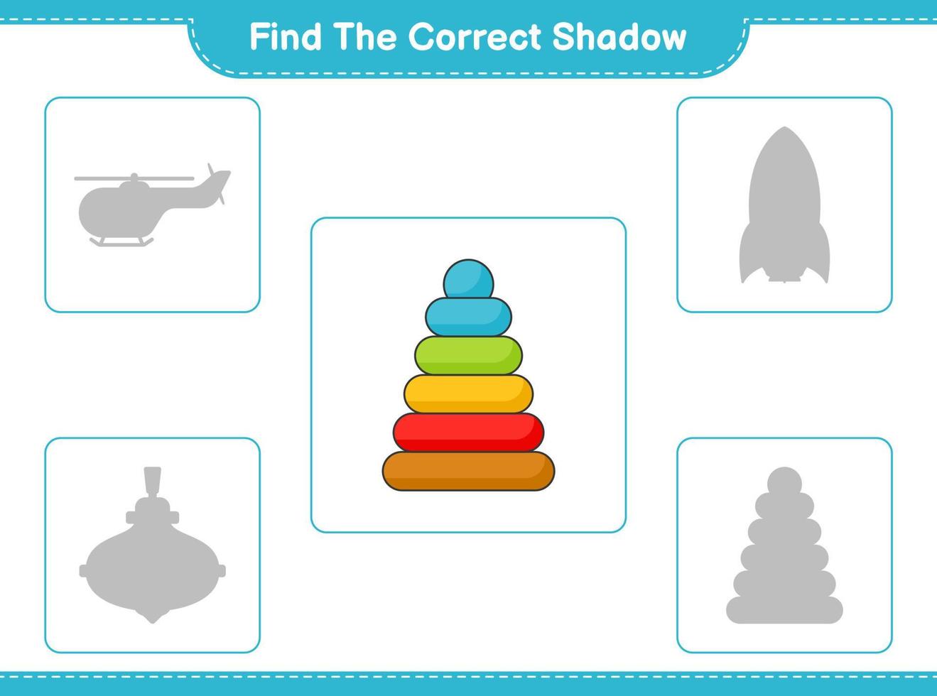 Find the correct shadow. Find and match the correct shadow of Pyramid Toy. Educational children game, printable worksheet, vector illustration