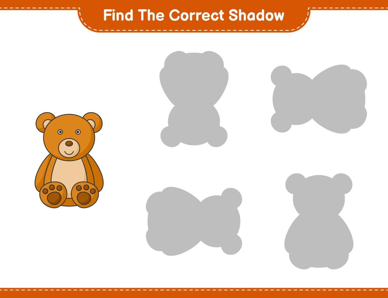 encontrar la sombra correcta. encuentra y combina la sombra correcta del oso de peluche. juego educativo para niños, hoja de cálculo imprimible, ilustración vectorial vector