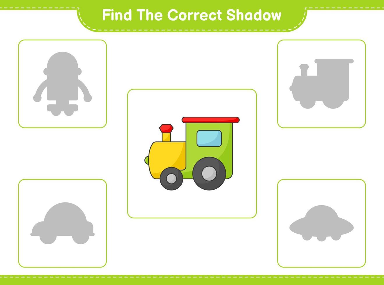 encontrar la sombra correcta. encuentra y combina la sombra correcta del tren. juego educativo para niños, hoja de cálculo imprimible, ilustración vectorial vector