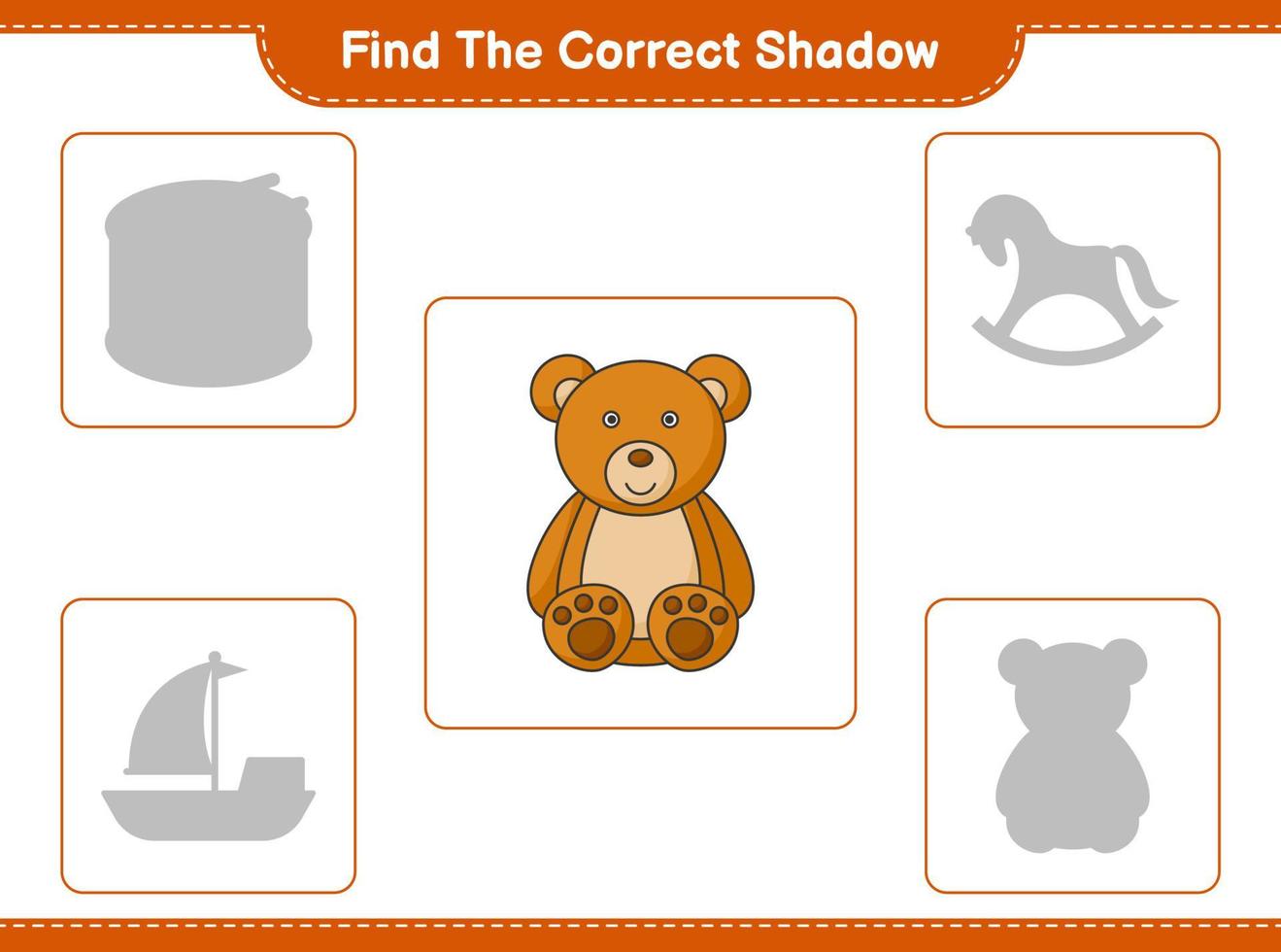 encontrar la sombra correcta. encuentra y combina la sombra correcta del oso de peluche. juego educativo para niños, hoja de cálculo imprimible, ilustración vectorial vector