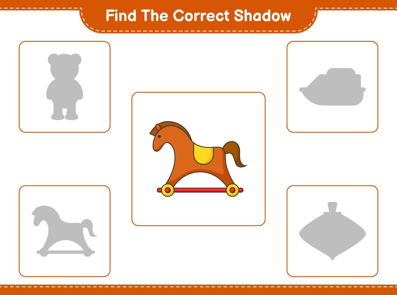Find the correct shadow. Find and match the correct shadow of Rocking Horse. Educational children game, printable worksheet, vector illustration