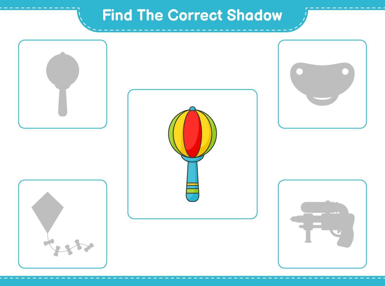 encontrar la sombra correcta. encuentra y combina la sombra correcta del sonajero. juego educativo para niños, hoja de cálculo imprimible, ilustración vectorial vector