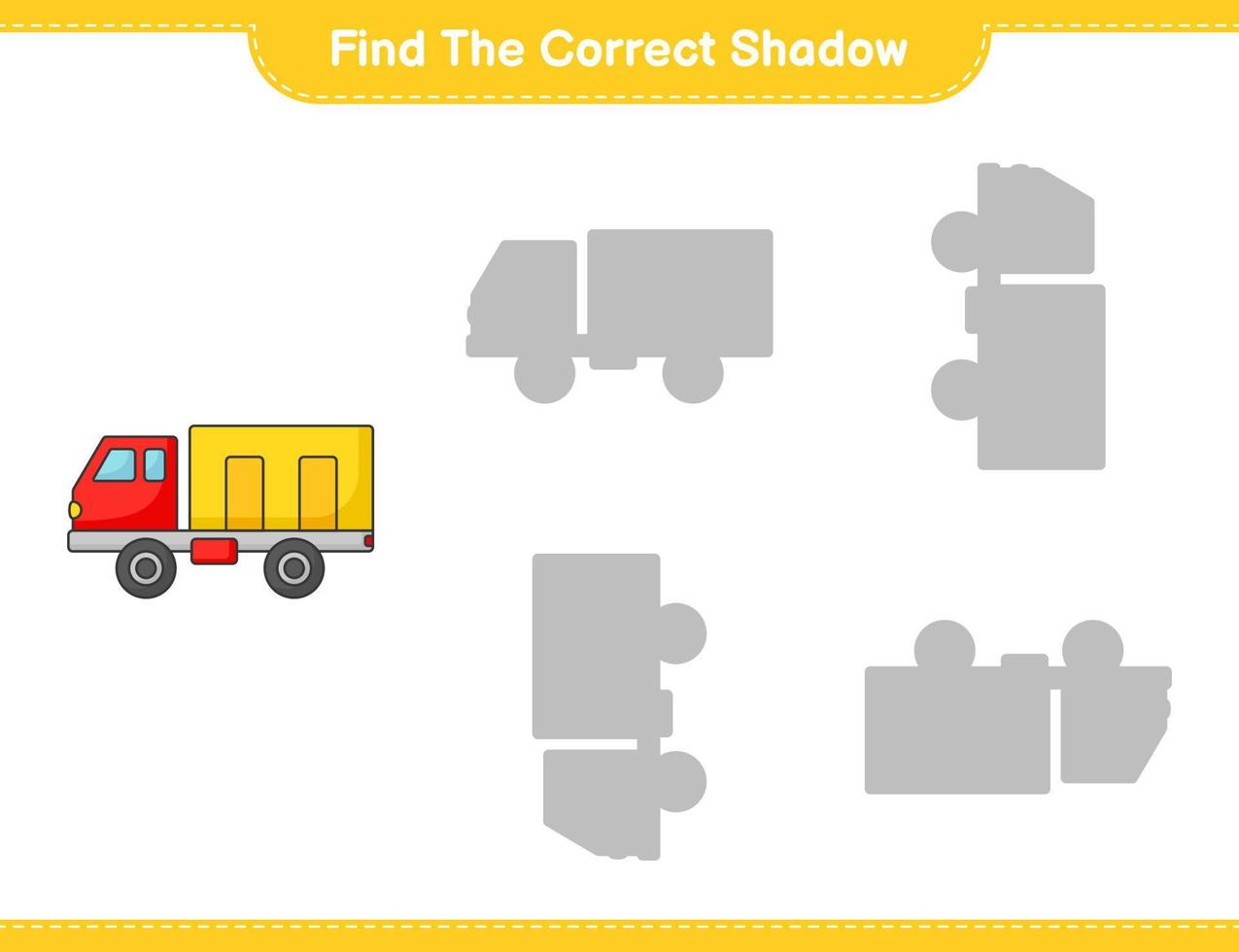 encontrar la sombra correcta. encontrar y hacer coincidir la sombra correcta del camión. juego educativo para niños, hoja de cálculo imprimible, ilustración vectorial vector