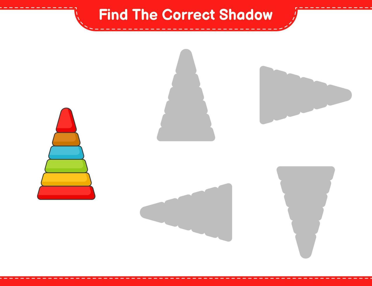 Find the correct shadow. Find and match the correct shadow of Pyramid Toy. Educational children game, printable worksheet, vector illustration