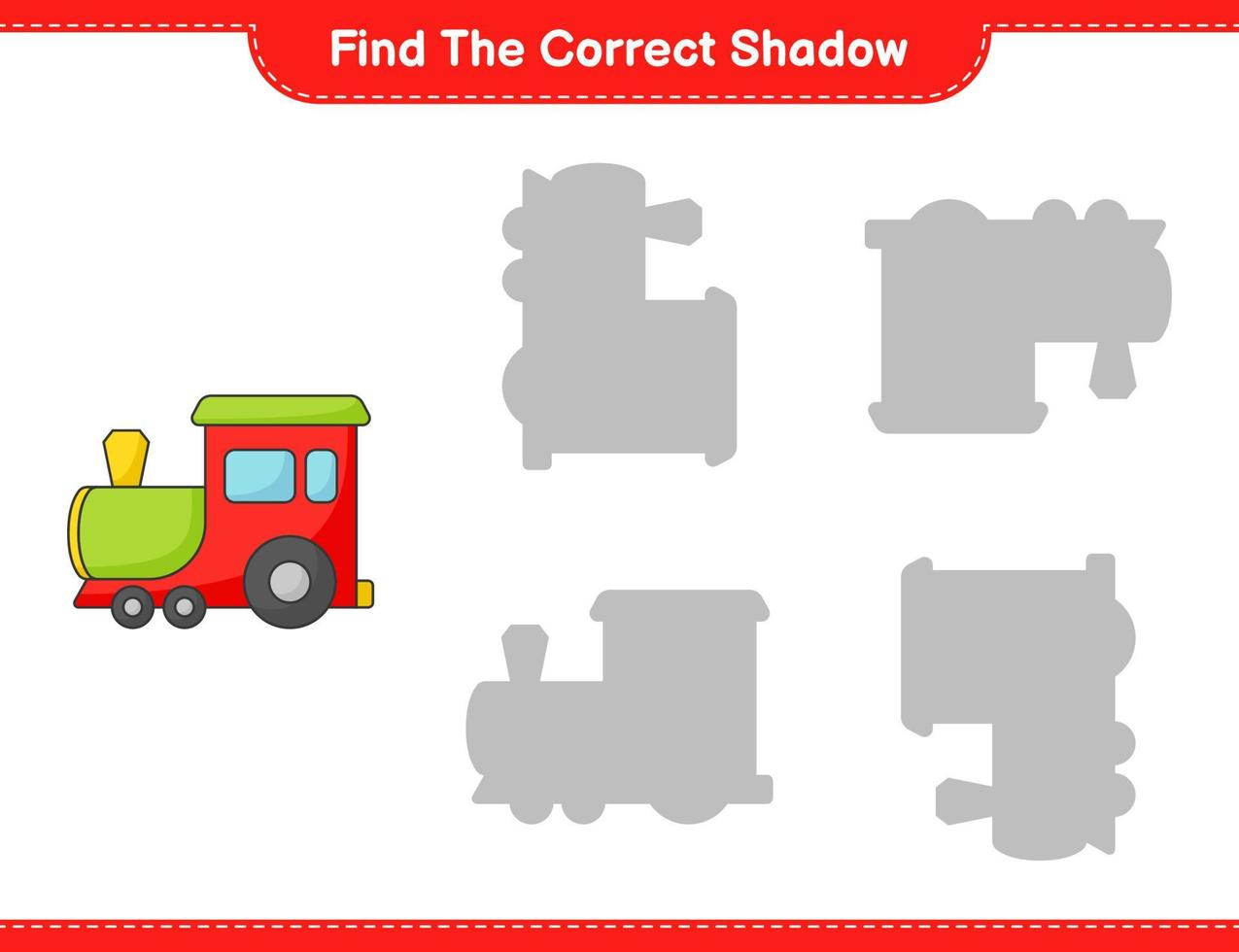 encontrar la sombra correcta. encuentra y combina la sombra correcta del tren. juego educativo para niños, hoja de cálculo imprimible, ilustración vectorial vector