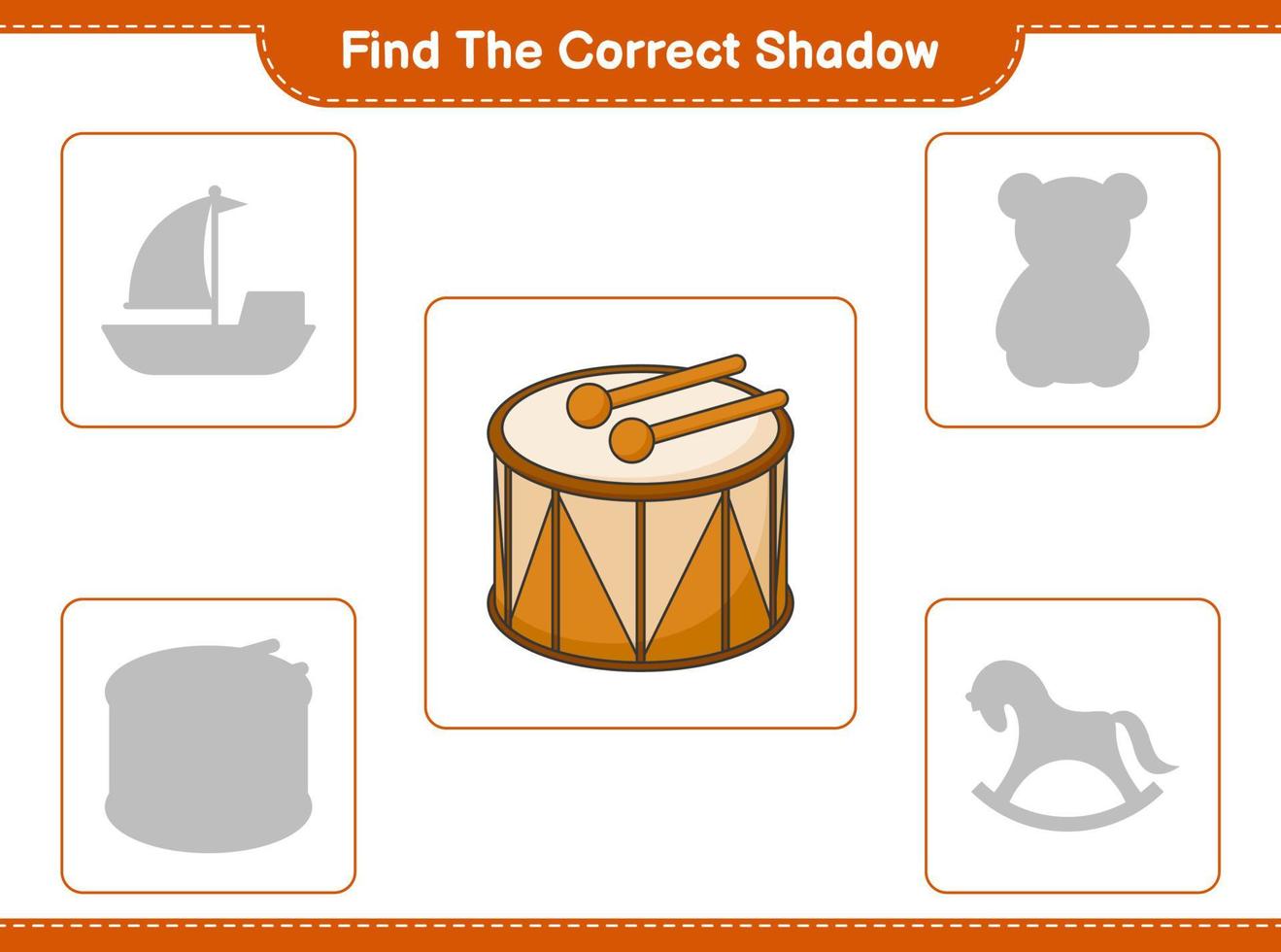 Find the correct shadow. Find and match the correct shadow of Drum. Educational children game, printable worksheet, vector illustration