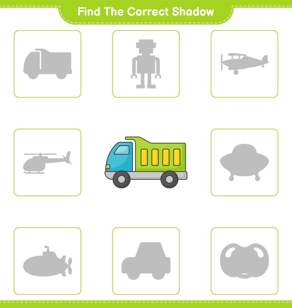 Find the correct shadow. Find and match the correct shadow of Lorry. Educational children game, printable worksheet, vector illustration