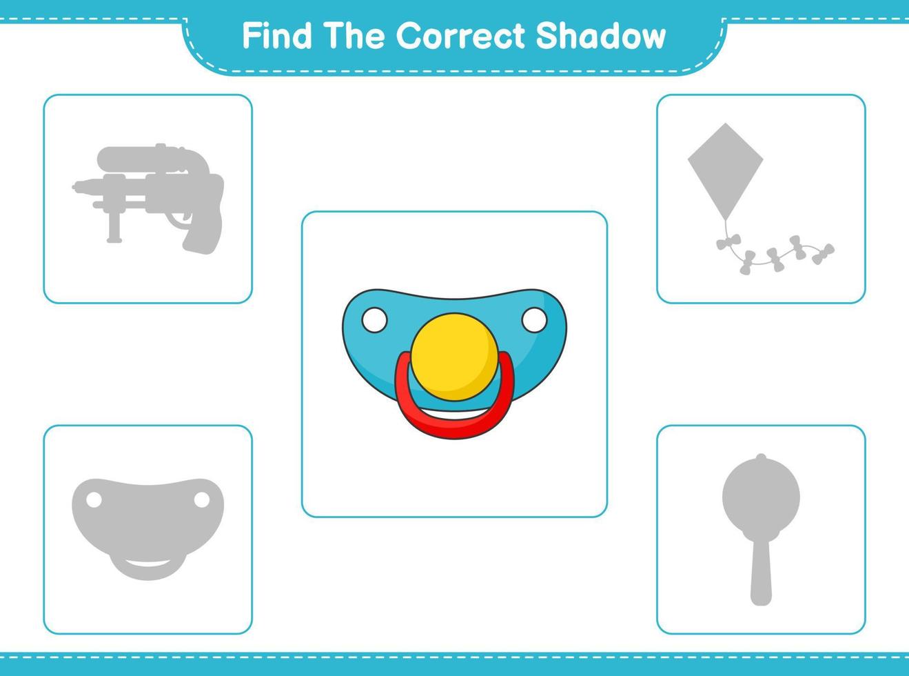 Find the correct shadow. Find and match the correct shadow of Pacifier. Educational children game, printable worksheet, vector illustration