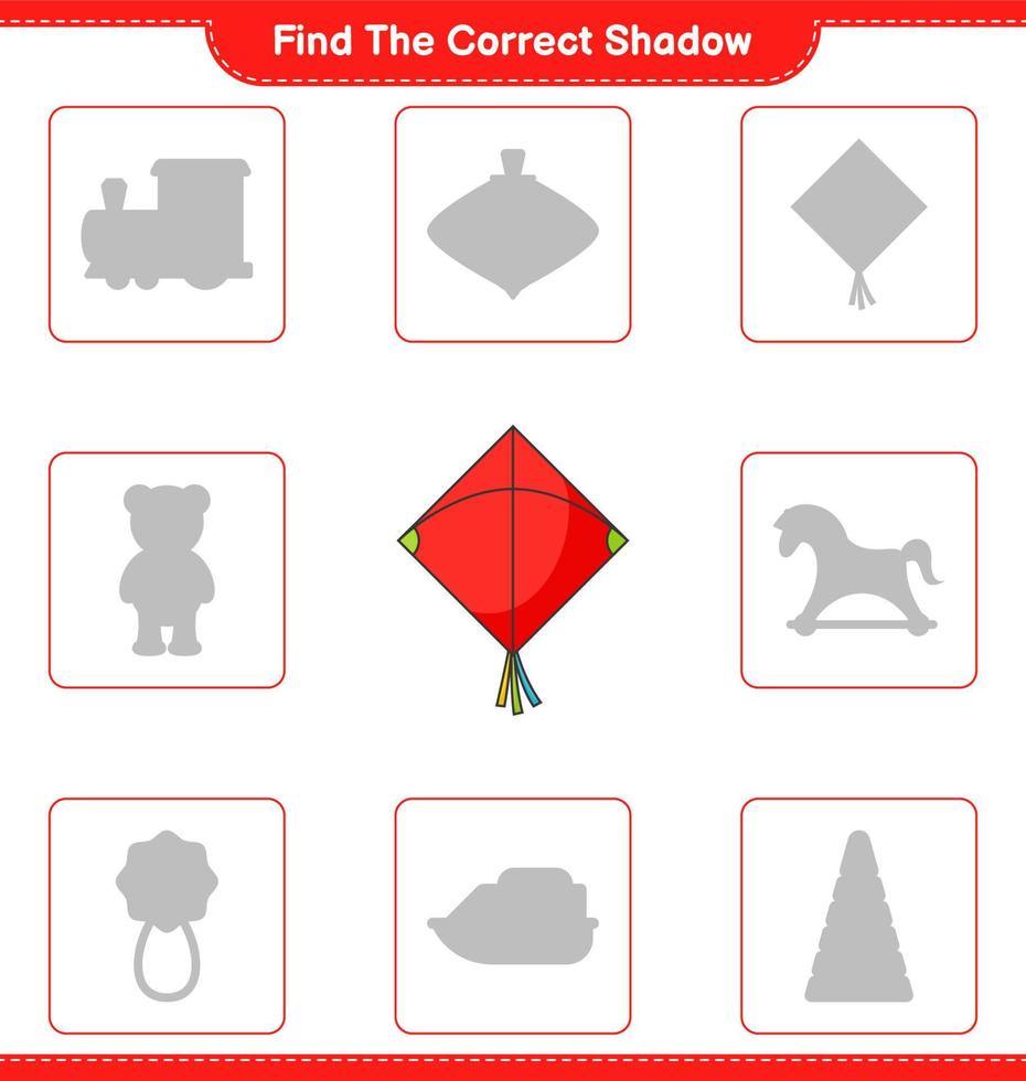 Find the correct shadow. Find and match the correct shadow of Kite. Educational children game, printable worksheet, vector illustration