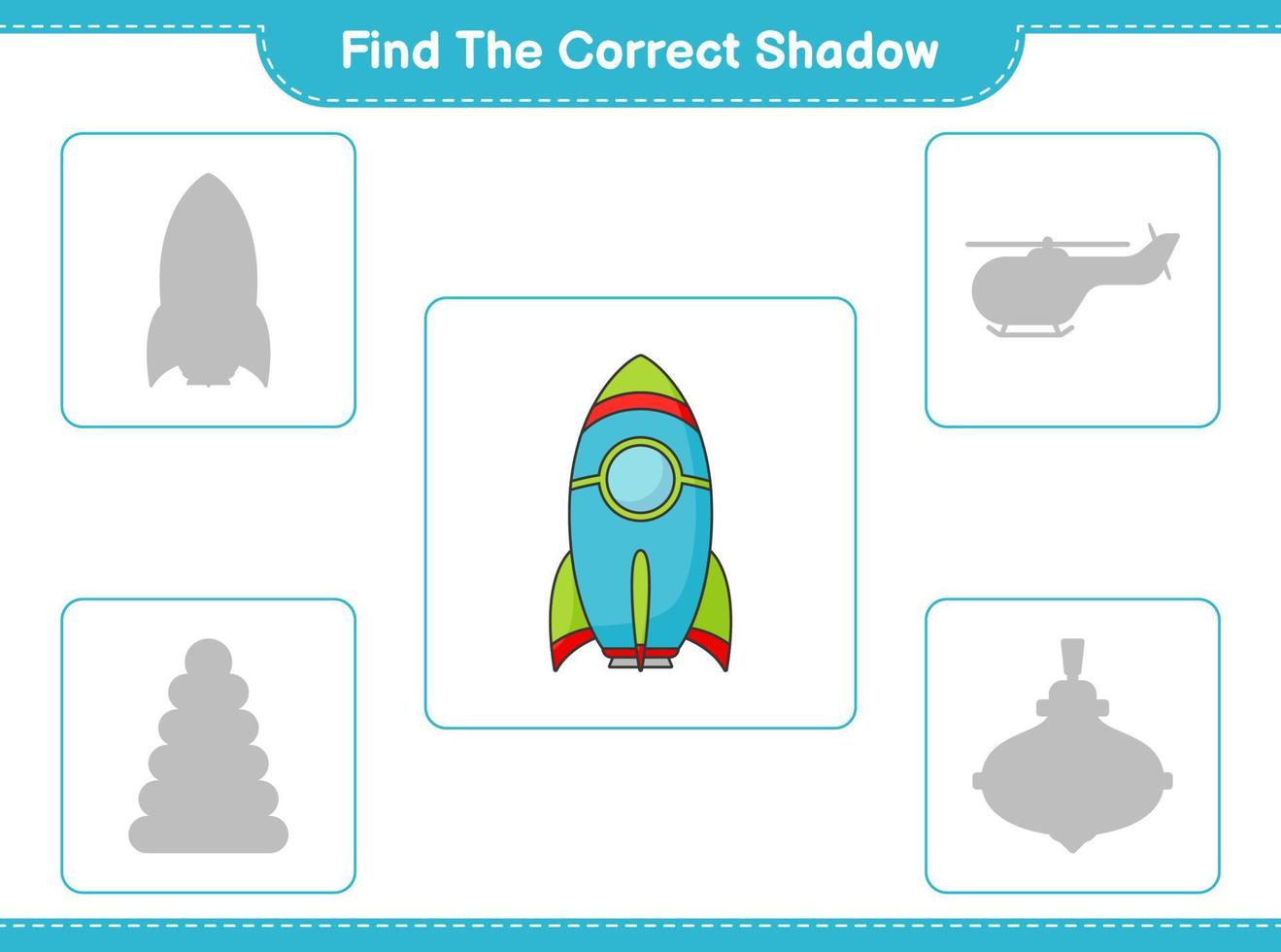 Find the correct shadow. Find and match the correct shadow of Rocket. Educational children game, printable worksheet, vector illustration