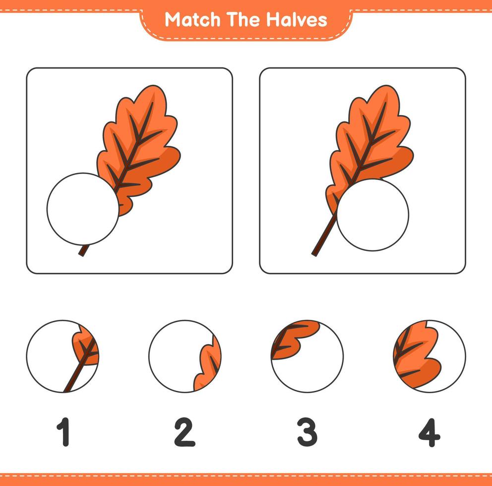 Match the halves. Match halves of Oak Leaf. Educational children game, printable worksheet, vector illustration