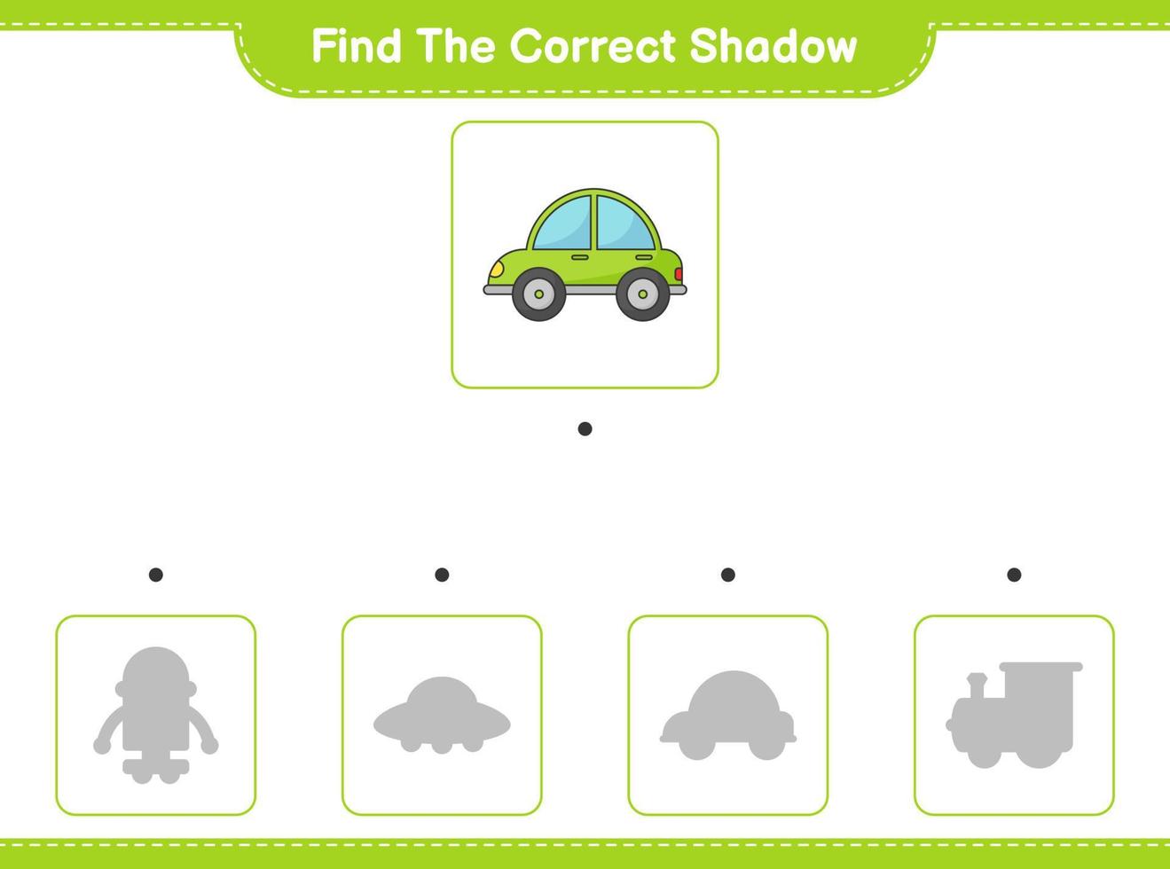 encontrar la sombra correcta. encontrar y hacer coincidir la sombra correcta del coche. juego educativo para niños, hoja de cálculo imprimible, ilustración vectorial vector