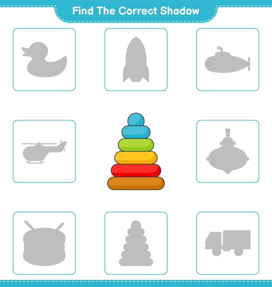 Find the correct shadow. Find and match the correct shadow of Pyramid Toy. Educational children game, printable worksheet, vector illustration