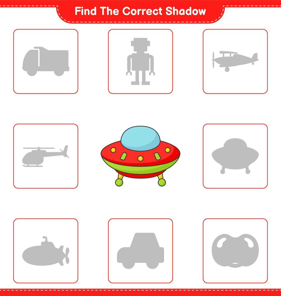Find the correct shadow. Find and match the correct shadow of Ufo. Educational children game, printable worksheet, vector illustration