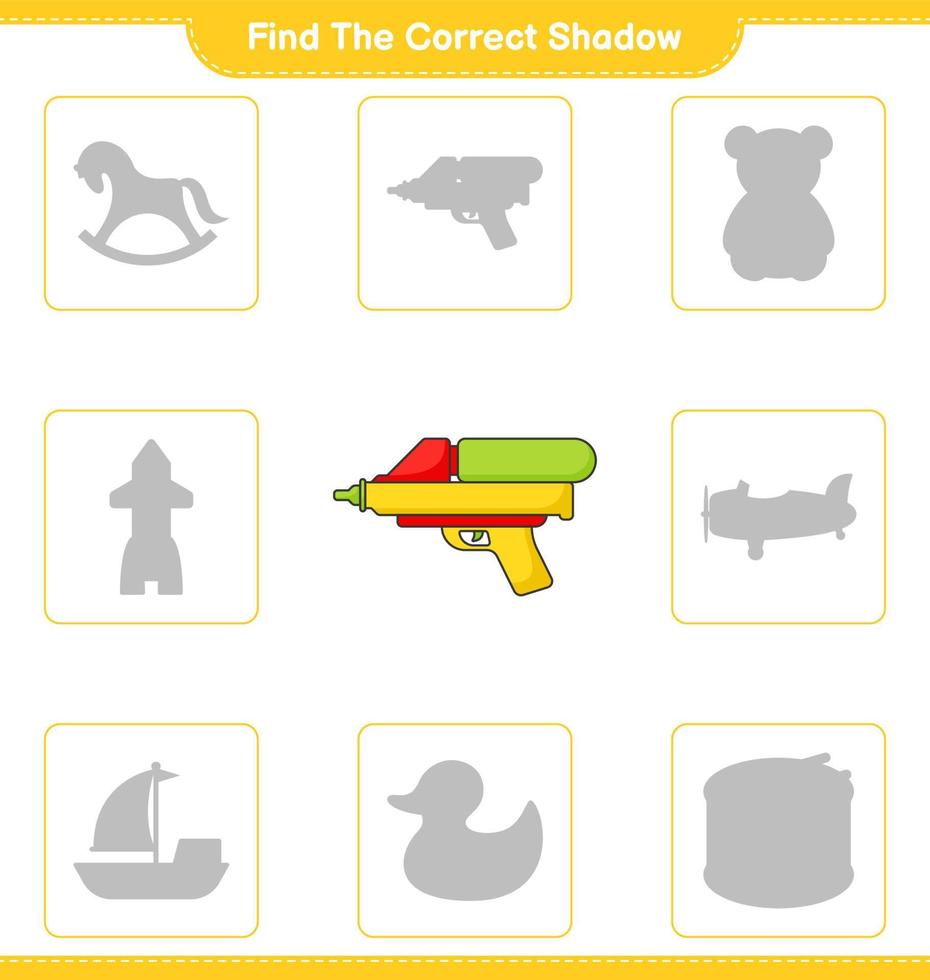 encontrar la sombra correcta. encuentra y combina la sombra correcta de la pistola de agua. juego educativo para niños, hoja de cálculo imprimible, ilustración vectorial vector