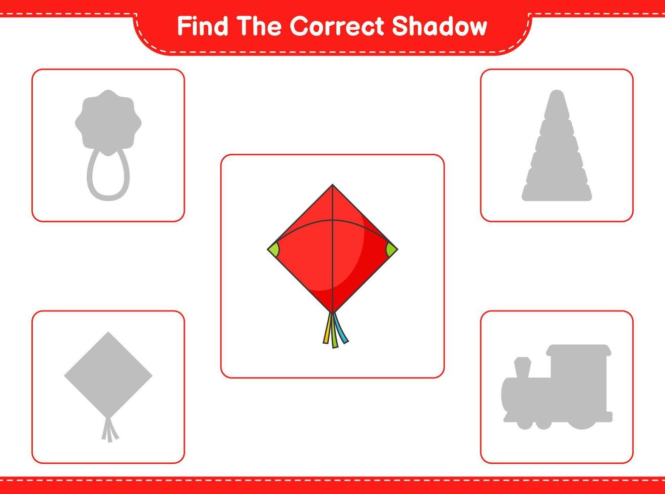 encontrar la sombra correcta. encuentra y combina la sombra correcta de la cometa. juego educativo para niños, hoja de cálculo imprimible, ilustración vectorial vector