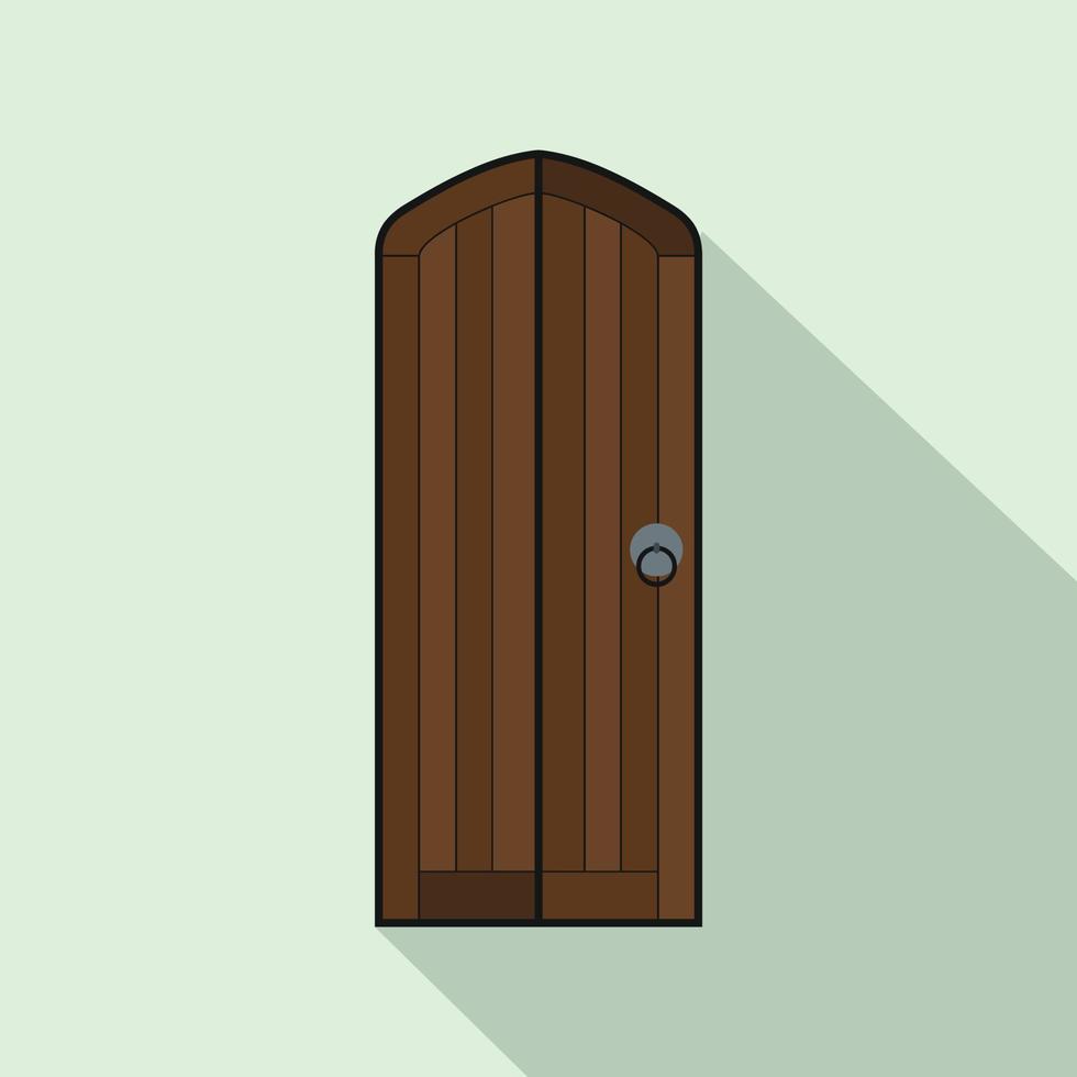 Brown arched wooden door icon, flat style vector