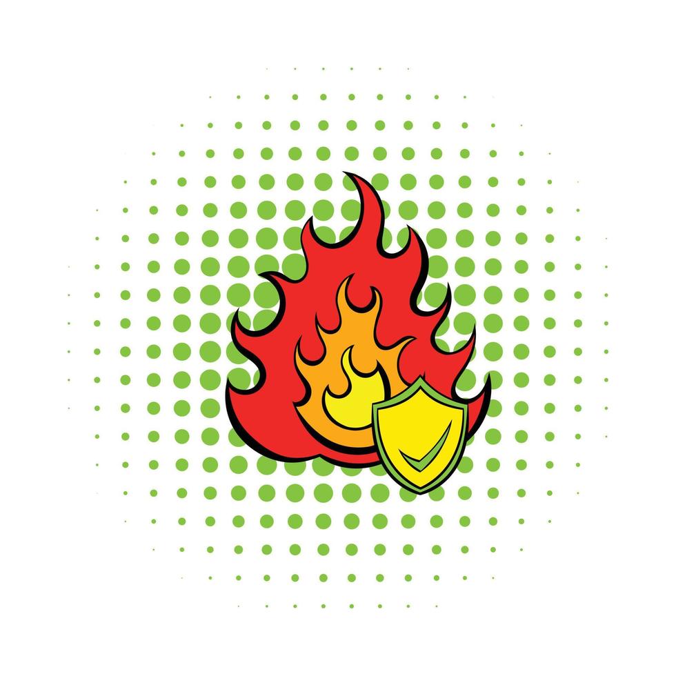 Fire and shield with tick icon, comics style vector