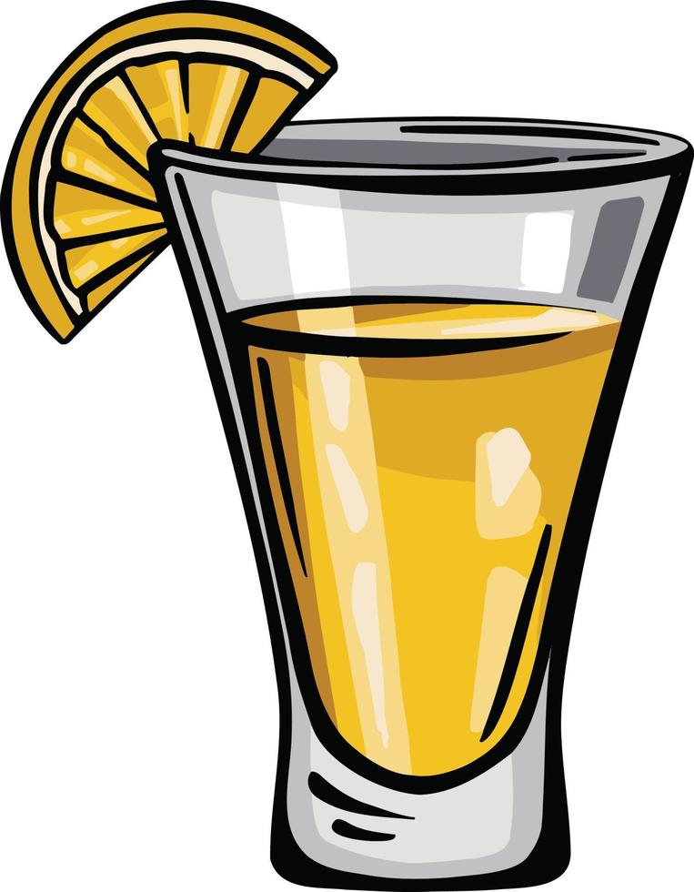 Glass of tequila with lemon stack of alcohol, freehand drawing v vector