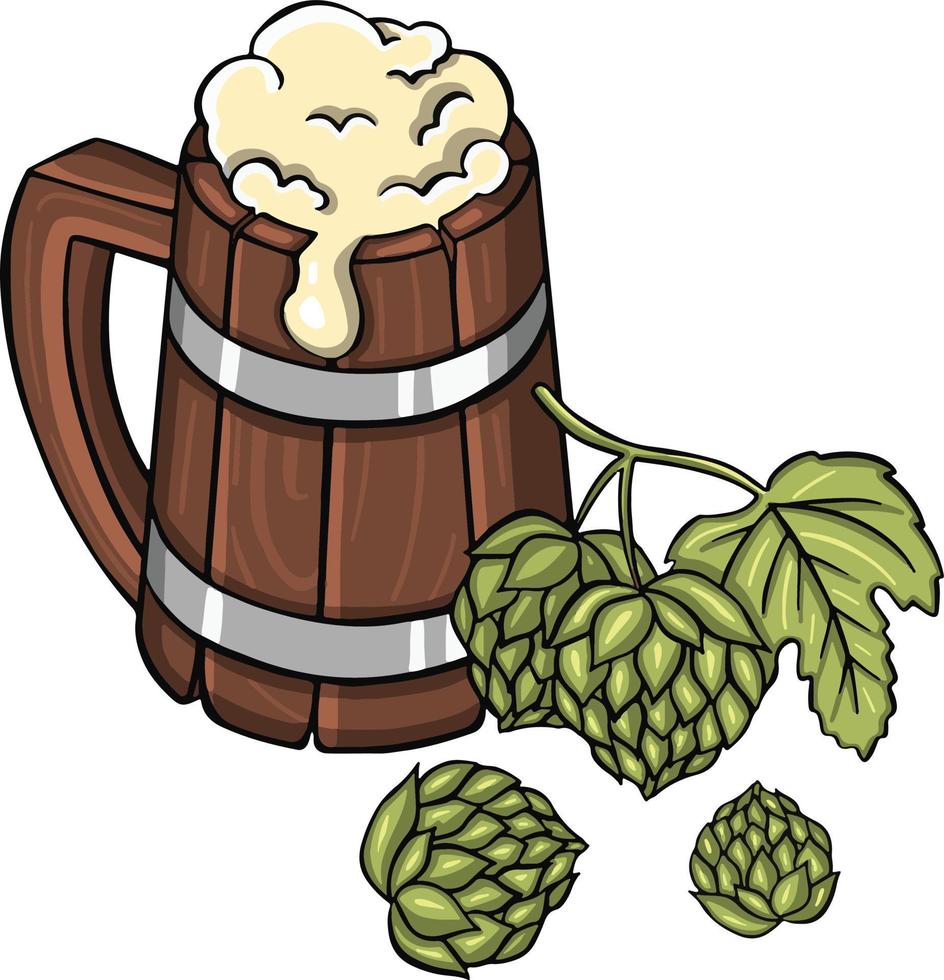 Mug of foamy beer and hops   illustration vector