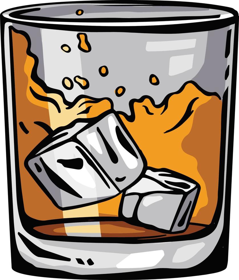 Glass of whiskey with ice and splash, freehand drawing vector