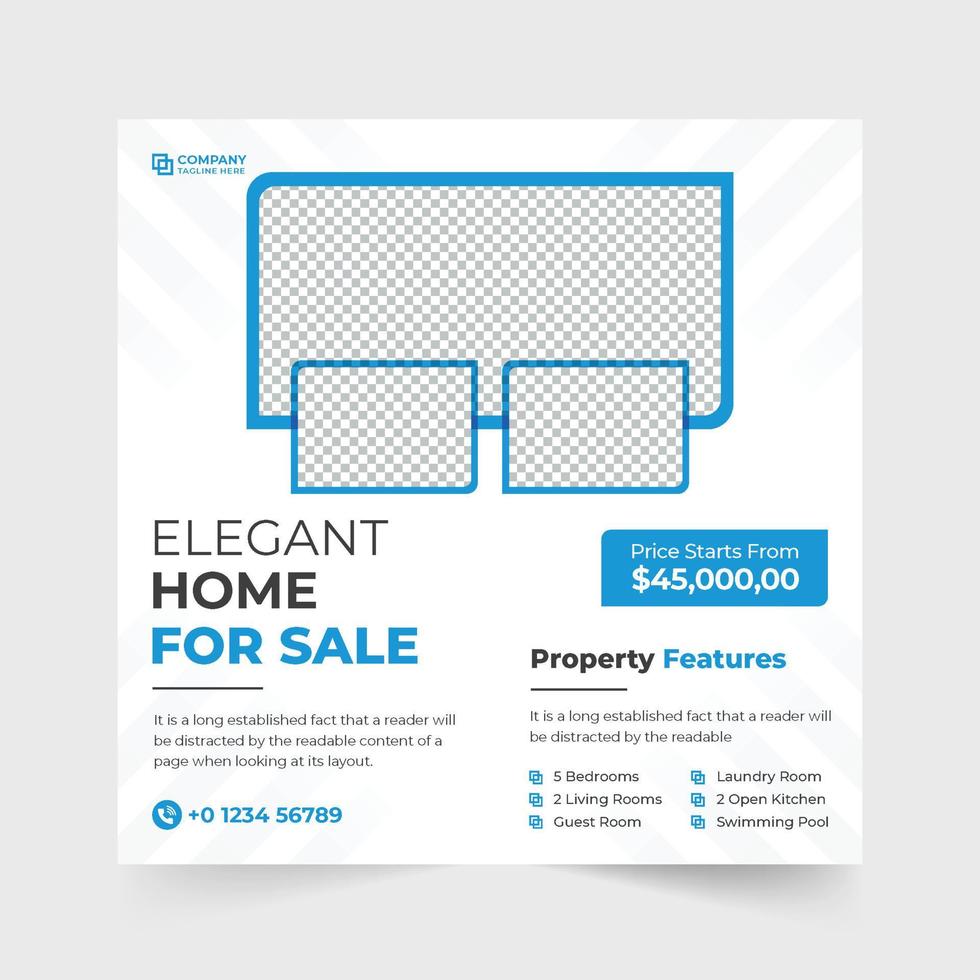 vector de publicación de redes sociales de negocios de venta de viviendas con colores azul y amarillo. diseño de plantilla de banner web promocional de agencia de negocios inmobiliarios. elegante plantilla de casa en venta con formas abstractas.