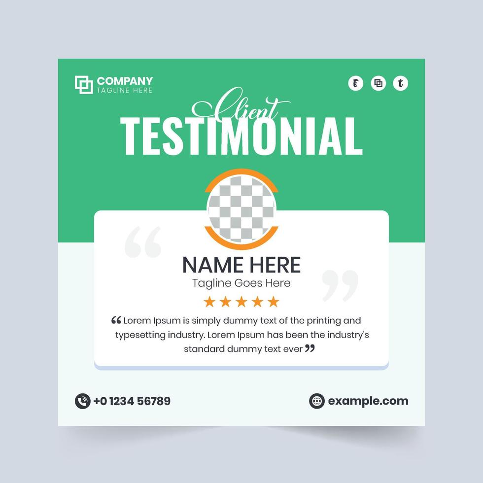 Customer review section design with a photo placeholder and stars. Creative client testimonial vector with blue and green colors. Customer service feedback and testimonial design for websites.