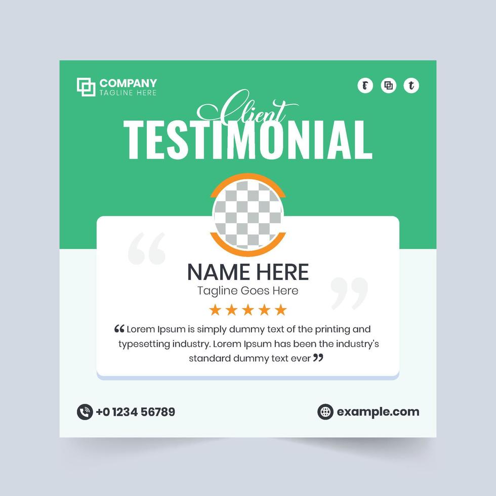 diseño de sección de revisión de clientes con un marcador de posición de foto y estrellas. vector de testimonio de cliente creativo con colores azul y verde. retroalimentación de servicio al cliente y diseño de testimonios para sitios web.