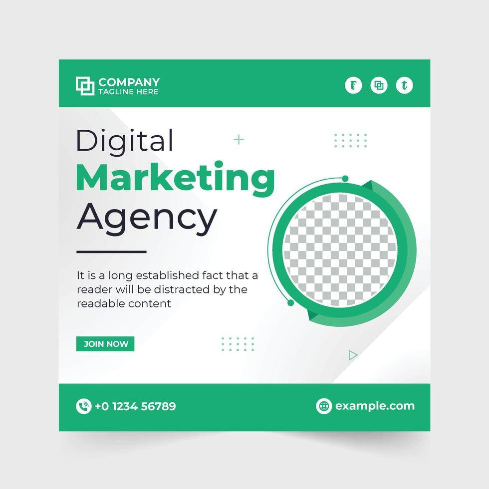 vector de banner web promocional de negocios creativos con un marcador de posición de foto. plantilla de publicación de medios sociales de agencia de marketing digital con colores naranja y verde. diseño de diseño de carteles publicitarios en línea.