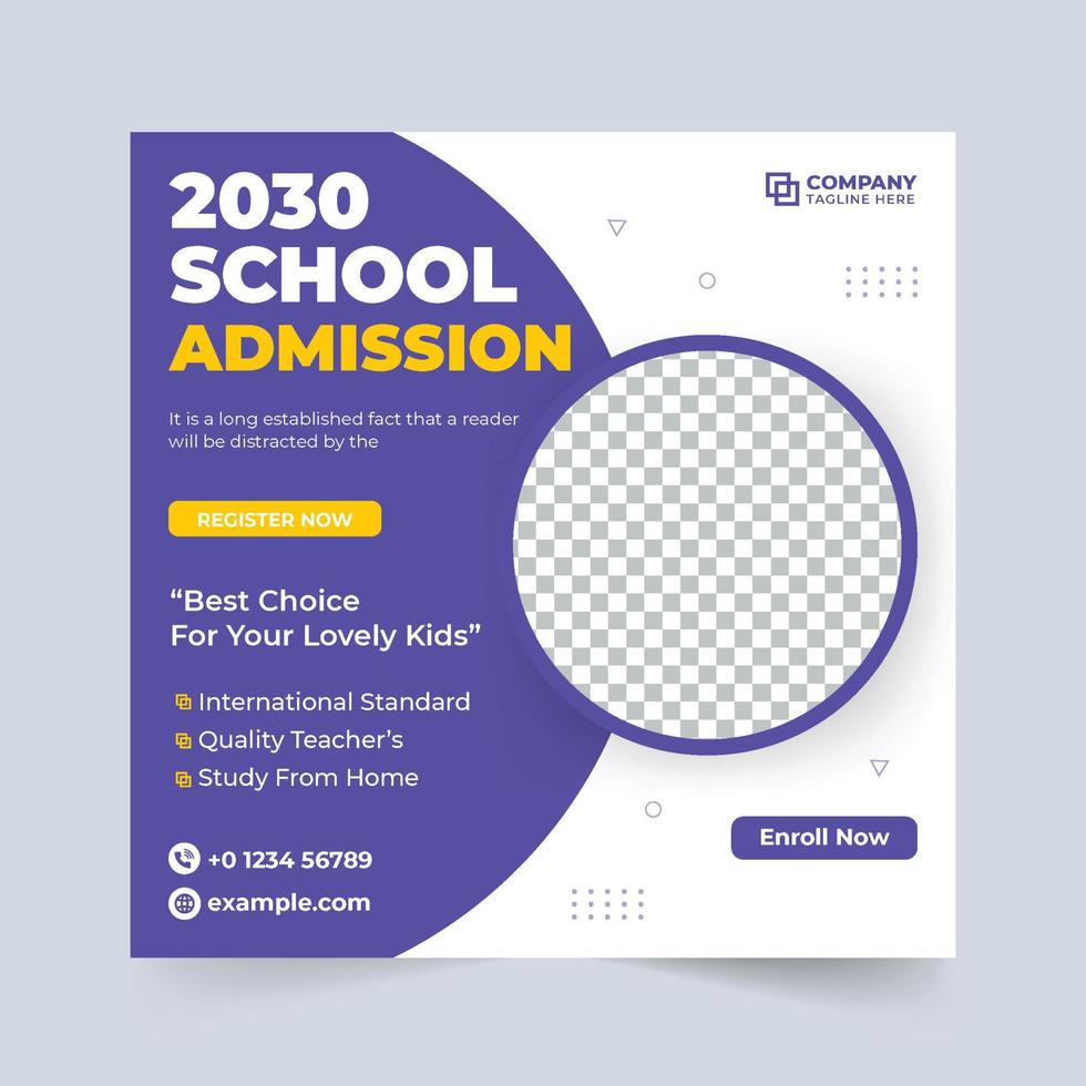 Creative school admission template design with round shapes. Educational social media post vector with purple and blue colors. School admission and academic course promotion template vector.
