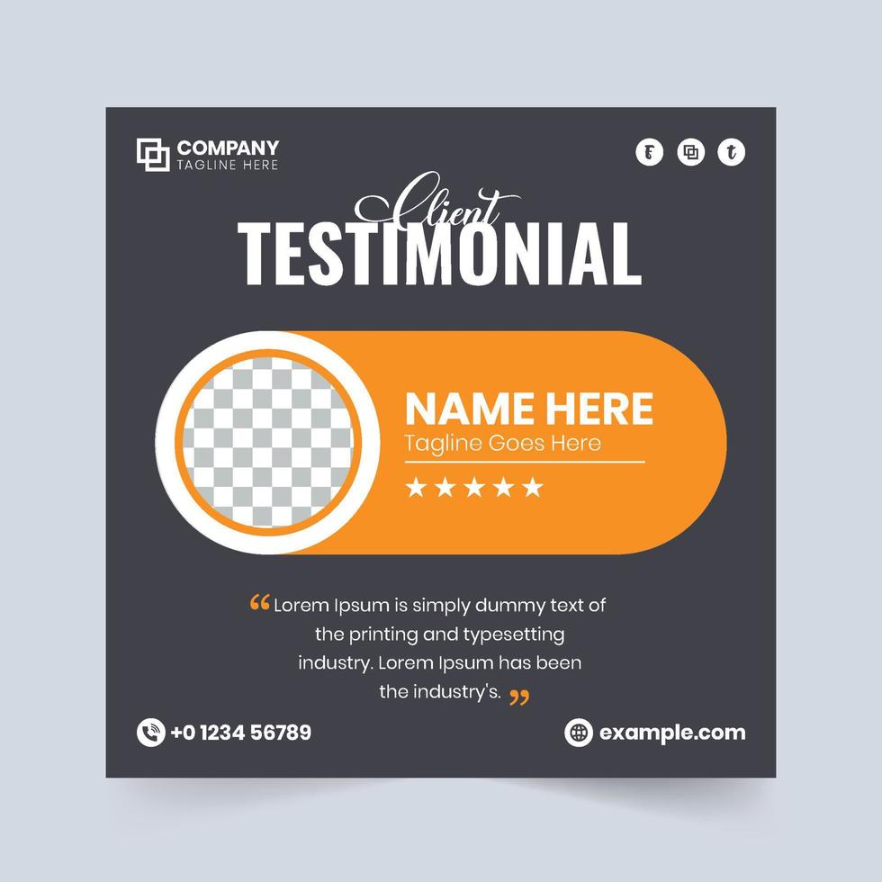 diseño testimonial de comentarios de los clientes con colores oscuros y naranjas. vector de diseño de revisión de cliente moderno con espacio de cotización. Testimonios de clientes y diseño de sección de reseñas para sitios web.