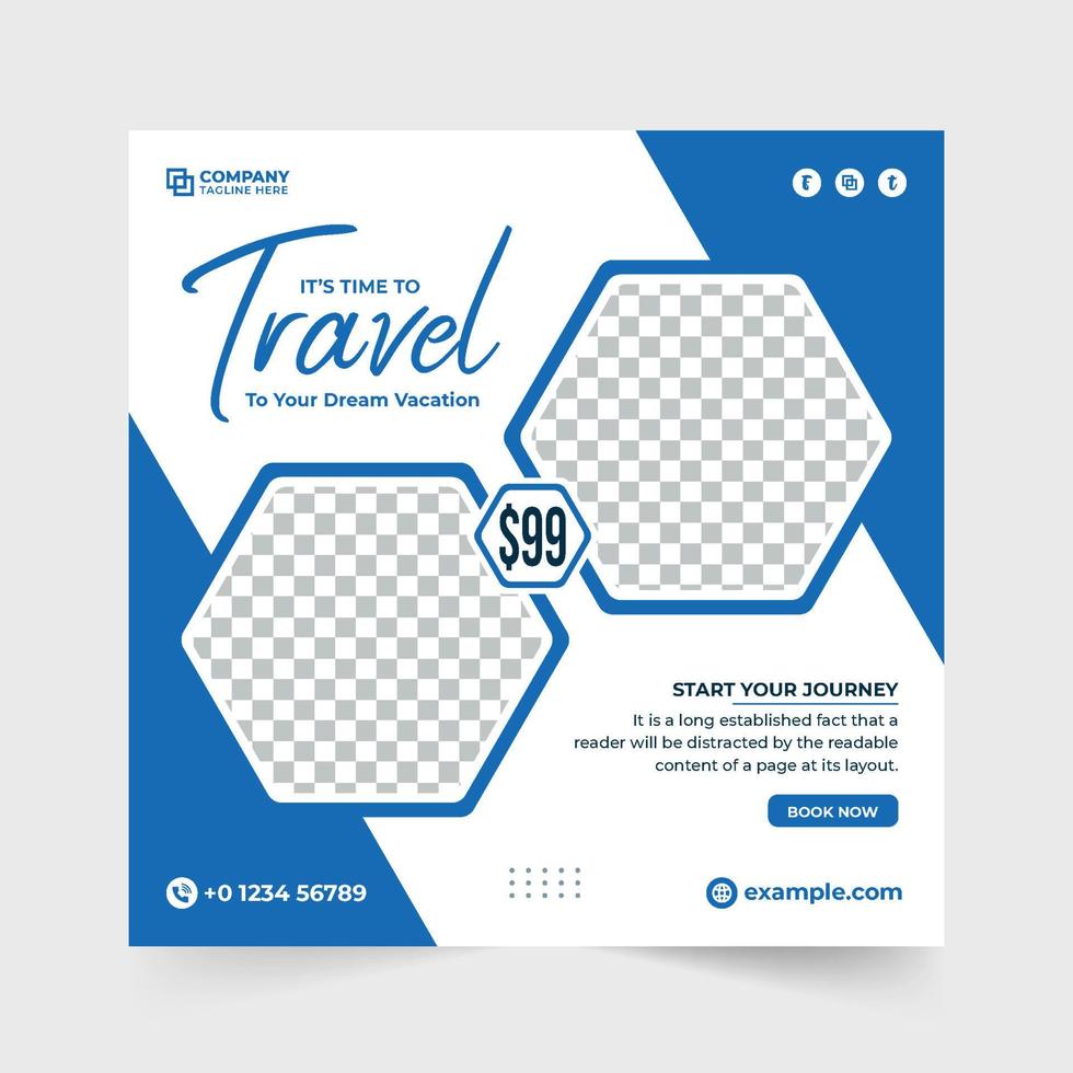 Dream vacation and tour planner agency social media post. Travel agency banner template with abstract shapes. Touring business poster design with green and blue colors. Family vacation planner design. vector