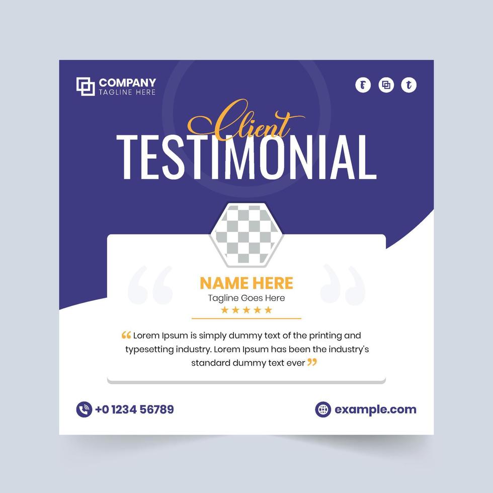 Simple client testimonial and review section vector with abstract shapes. Customer feedback review and service rating section design with blue and purple colors. Creative testimonial vector.