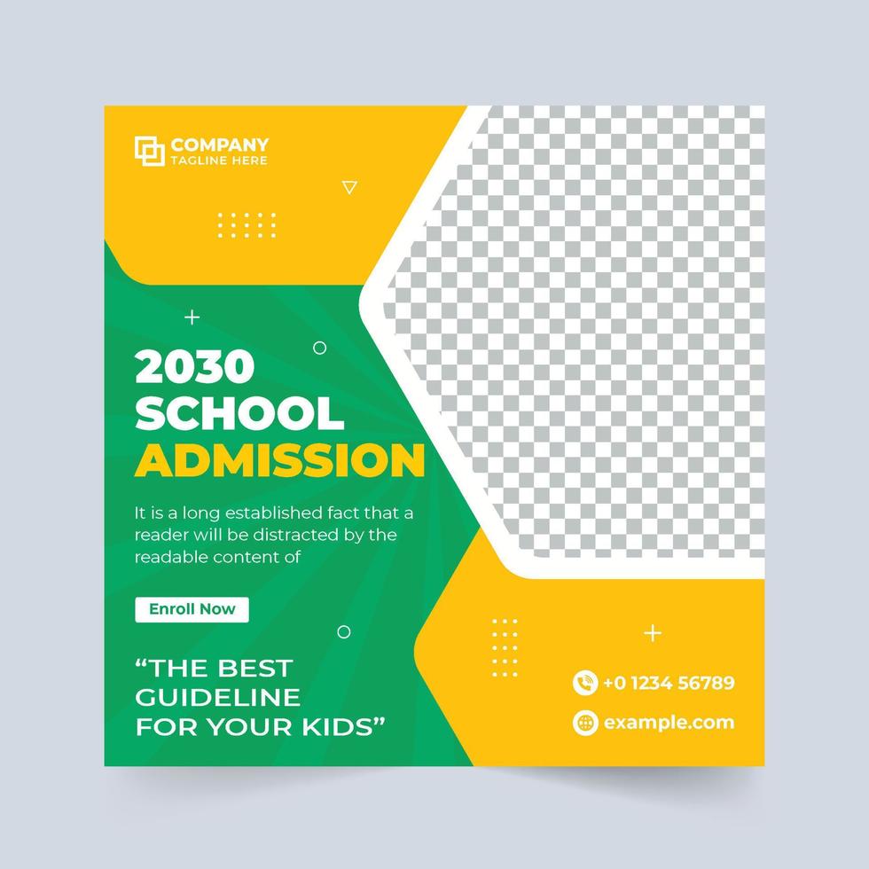 Creative school admission social media banner for promotion. Back-to-school promotion template with green and purple colors. Academic course and admission web template design for educational purposes. vector