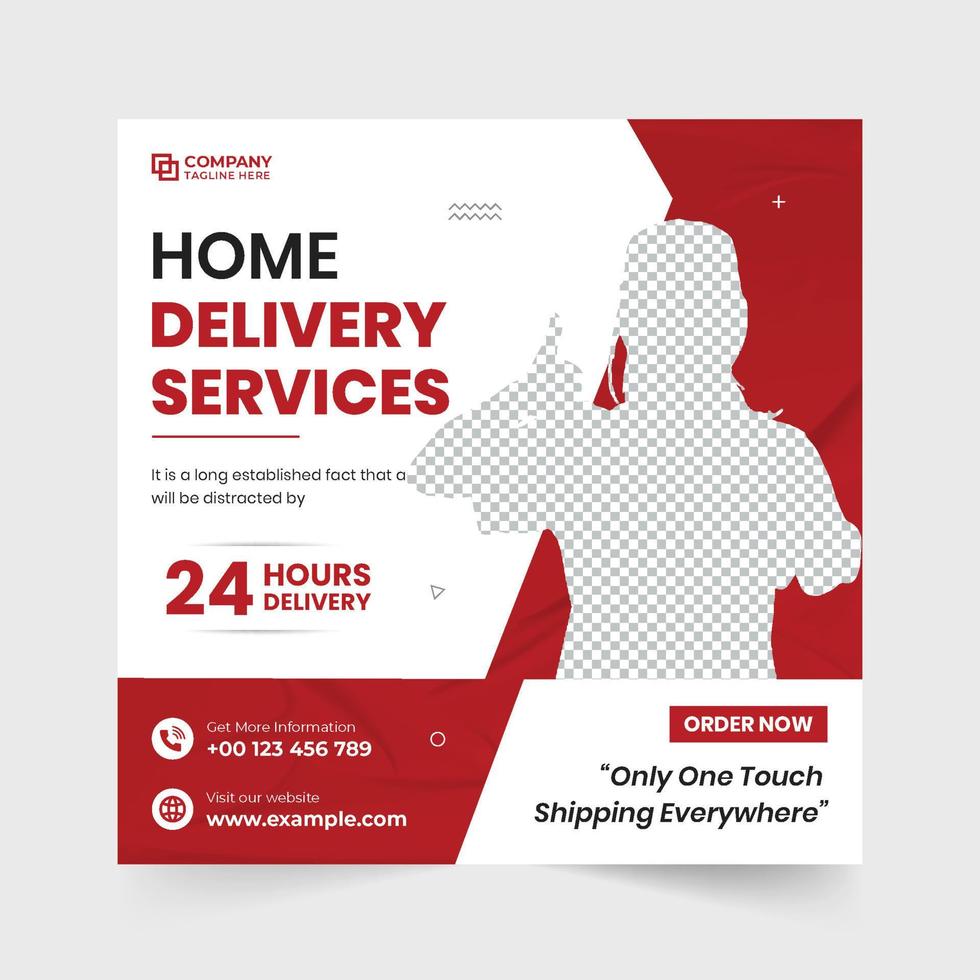 Home delivery service advertising web banner template with red and aqua colors. Modern home delivery service social media post vector. Express delivery service square template design. vector