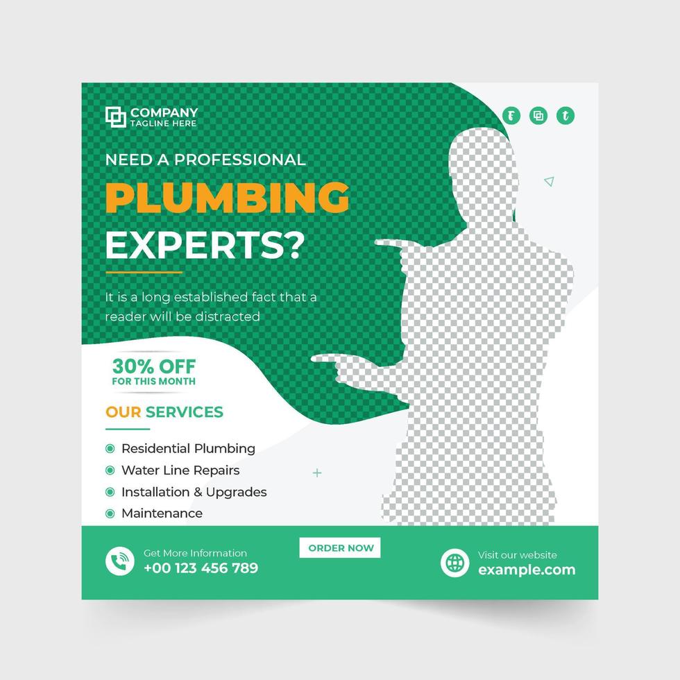 Creative plumbing business promotional template design with abstract shapes. Handyman service social media marketing template vector. Professional plumber service advertisement web banner vector. vector