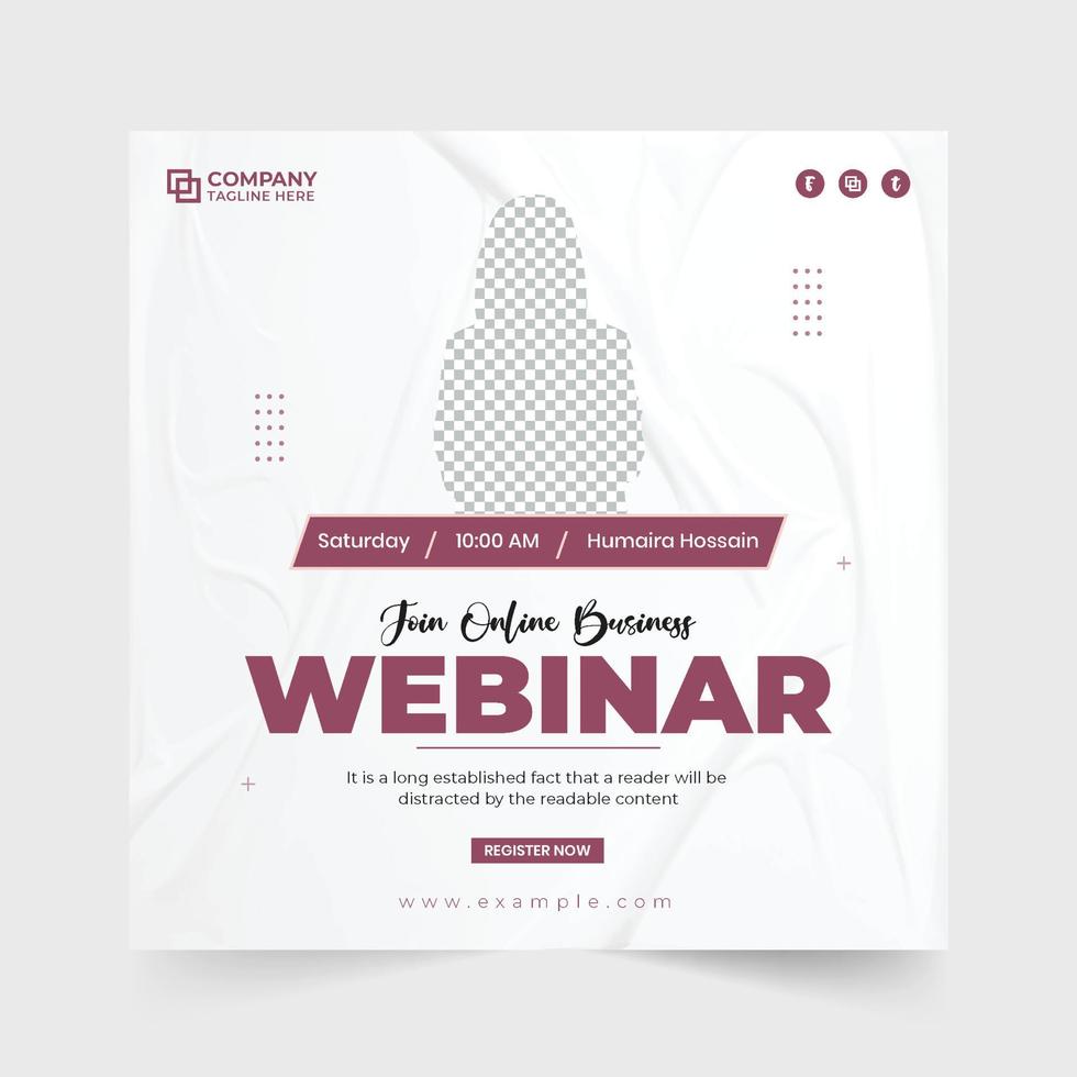 Modern business seminar schedule and webinar template vector. Webinar social media post design with lavender and blue colors. Online business invitation and webinar template for digital marketing. vector