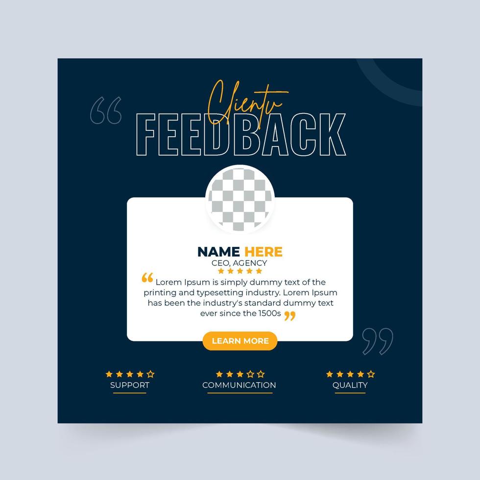 Customer service feedback template on a dark background. Customer feedback review or testimonial layout design for business or website. Client testimonial vector with yellow and red text effects.