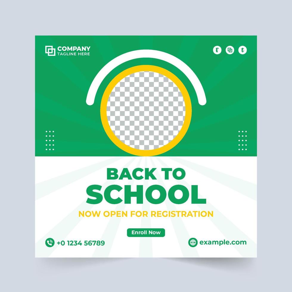 vector de plantilla de publicación de medios sociales de admisión escolar con colores azul y verde. Diseño creativo de redes sociales para el registro universitario para la educación de los niños. vector de cartel de promoción de curso académico.