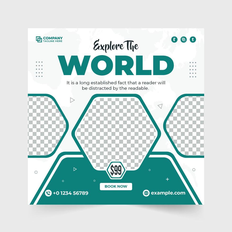 Tour and travel social media post design with green and orange colors. Travel agency and touring group ad banner vector with abstract shapes. Vacation planner template design for travel business.